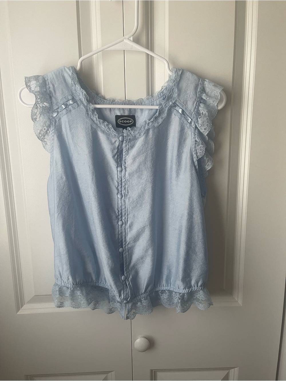 Scoop Light Blue Lace Trim Button-Front Top